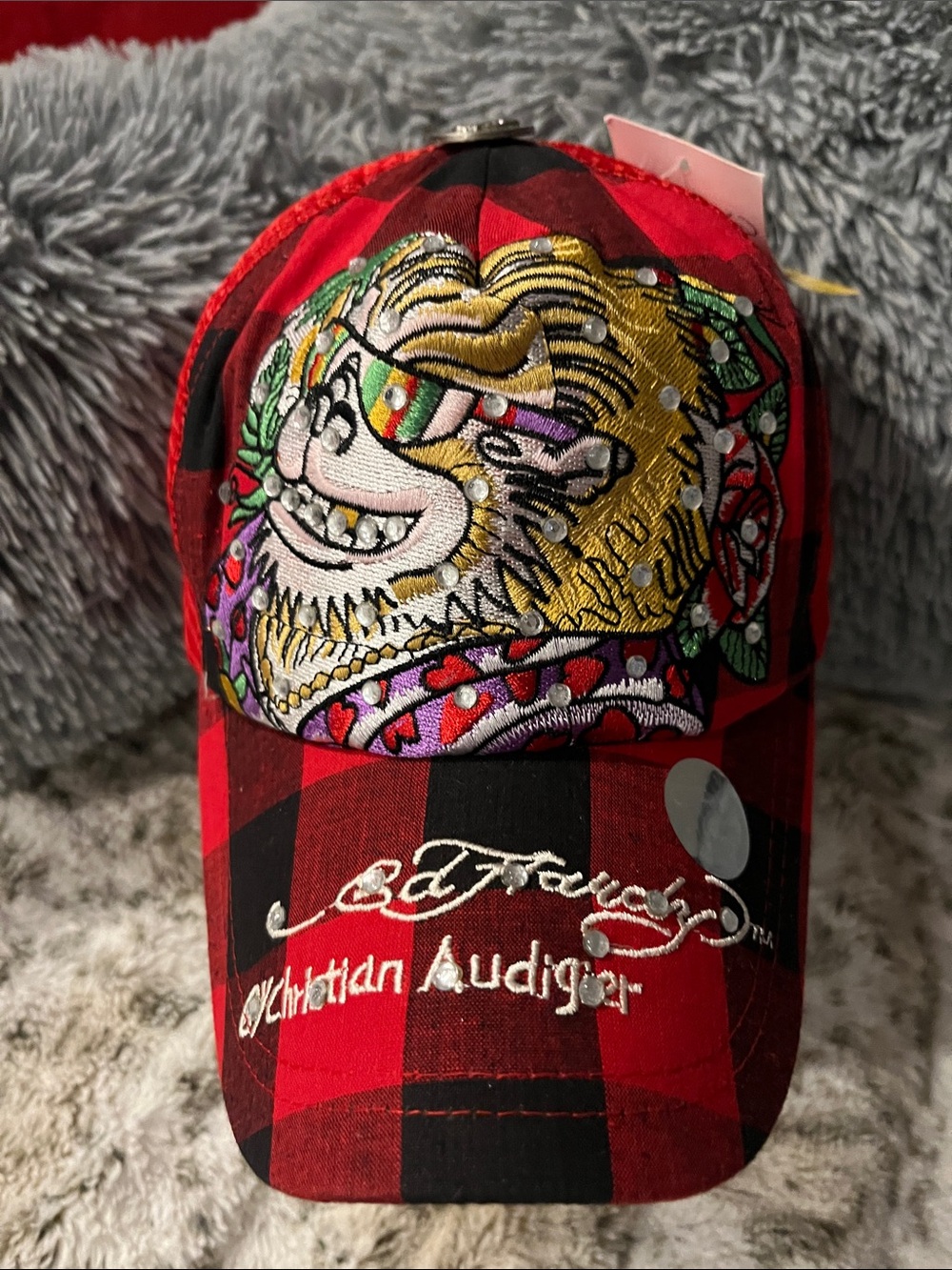 Christian Audigier Red Plaid Cap with Gold Embroidered Character vintage